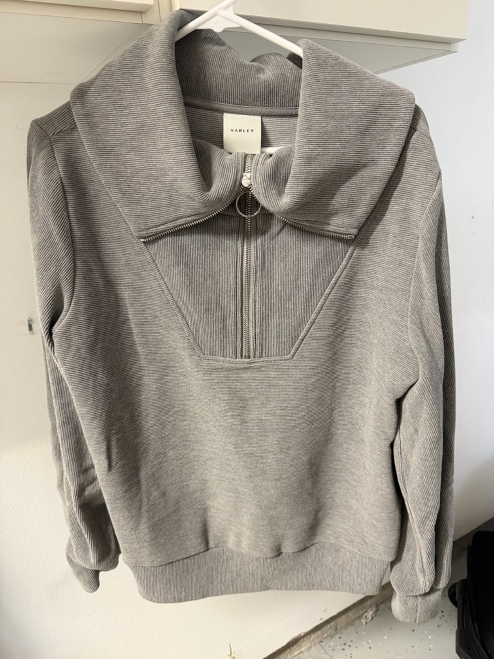Varley Gray Ribbed Funnel Neck Half-Zip Sweater